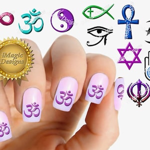 Nail Decals Stickers Tattoos, Symbols: Infinity, Om, Yin Yang, Fish, Eye of Horus, Ankh, Star of David, Crescent Moon, Ahimsa Hand or Sikh