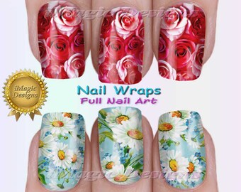 Nail Wraps, Waterslide Full Nail Art Decals, Stickers, Roses or Daisies, Nail Tattoos