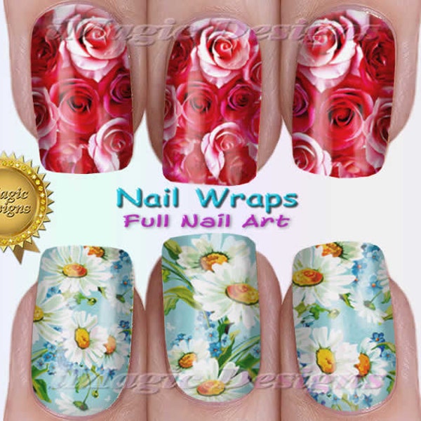 Nail Wraps, Waterslide Full Nail Art Decals, Stickers, Roses or Daisies, Nail Tattoos