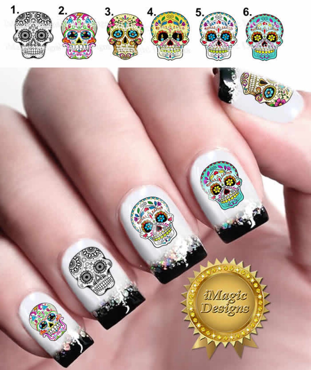 Nagel-Tattoos Totenkopf Mit Rosen – 10 Motive, Selbstklebend, Wasserlöslich