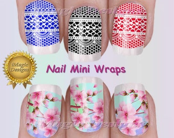 Nail Mini Wraps, Waterslide Nail Art, Stickers, White Lace or Cherry in Bloom