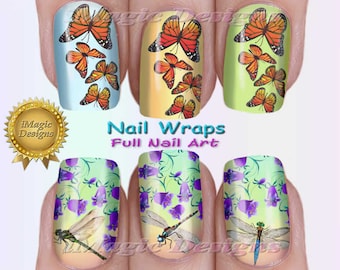 Nail Wraps, Waterslide Full Nail Decals, Stickers, Monarch Butterflies or Dragonfly, Nail Tattoos
