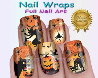 May include: Nail wraps with a Halloween theme. The nail art features images of black cats, spiders, bats, jack-o'-lanterns, and a witch. The background is orange and yellow. The text "Nail Wraps Full Nail Art" is at the top.
