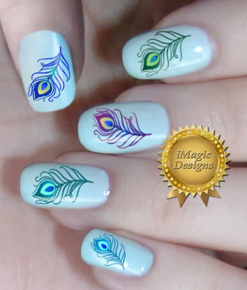 Nail Art Decals, Water Slide Nail Stickers, Peacock Feather, Nail Tattoos image 1