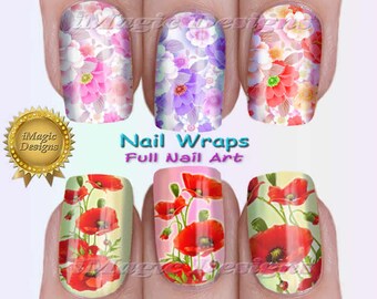 Op de afbeelding: Nagelwraps met bloemmotieven. De ontwerpen omvatten roze en paarse bloemen, rode klaprozen en een groene achtergrond met rode klaprozen. De tekst "Nail Wraps Full Nail Art" is op de afbeelding gedrukt.