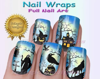 May include: Nail wraps with a Halloween theme. The nail art features a spooky pumpkin, haunted house, grim reaper, raven, and howling wolf designs. The background is a gradient of blue and yellow, with bare trees and a full moon. The text "Nail Wraps Full Nail Art" is at the top.