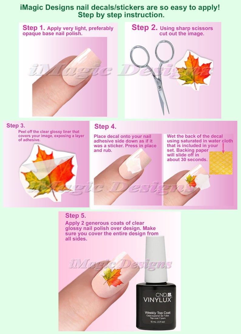 May include: Step-by-step instructions for applying nail decals. The image shows a fingernail with a fall leaf design, scissors, a nail polish bottle, and a clear plastic sheet with a fall leaf design.