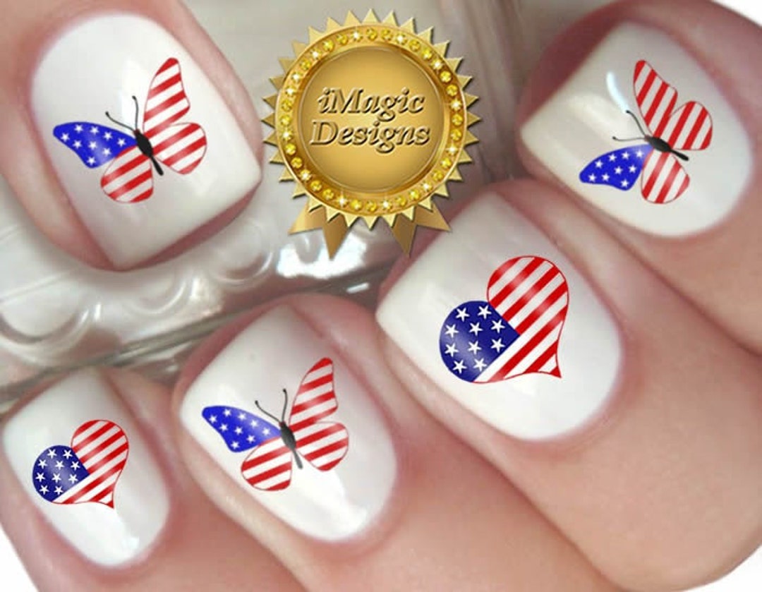 Nail Art Decals, Water Slide Stickers, Patriotic Nail Transfer, American  Flag Butterfly or Heart, Nail Tattoos - Etsy, image size:1080x839
