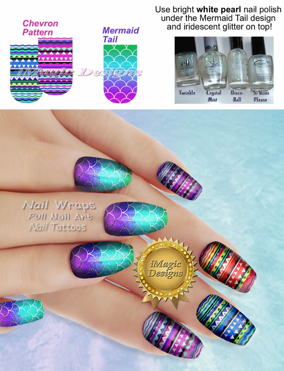 Nail Wraps, Waterslide Full Nail Art Decals, Stickers, Mermaid Tail or ...