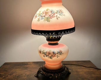 Vintage Gone With The Wind 3-Way Hurricane Lamp Pink Frosted Floral Parlor Light