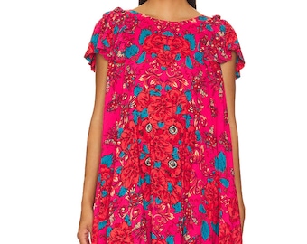 Free People Floral Mini Dress Rose Flowy Flutter Sleeves Pocket S