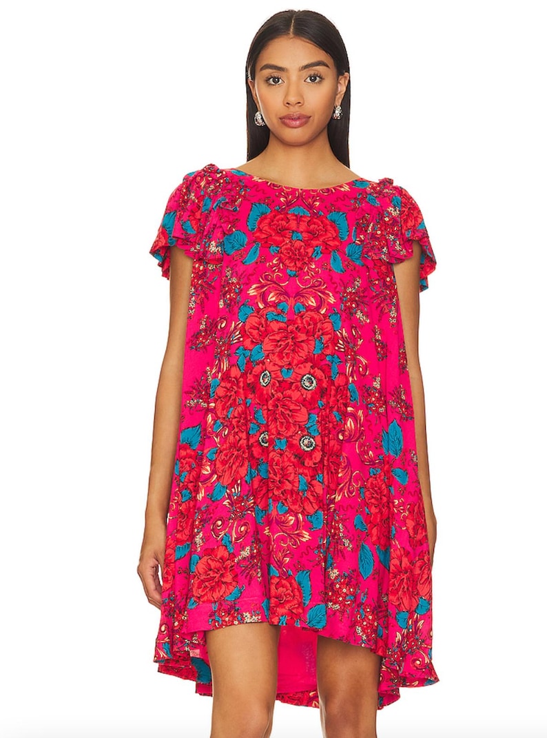 Free People Floral Mini Dress Rose Flowy Flutter Sleeves Pocket S image 1
