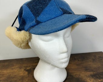 Filson Double Mackinaw Cap Made in USA Cobalt Blue Black Plaid Shearling S