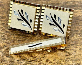 Gold Plated Cufflinks Diamond Cut Vintage Tie Clip Prong Set