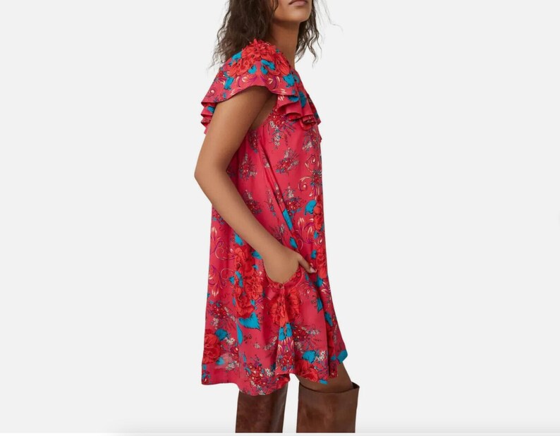 Free People Floral Mini Dress Rose Flowy Flutter Sleeves Pocket S image 9