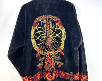 VINTAGE Bear Ridge Fleece Aztec Jacket Dream Catcher Zip Up XL Black USA Made