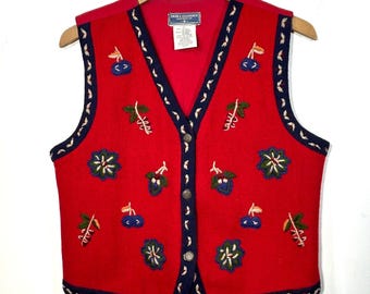 Cottagecore Vest Womens L Whimsical Wool Metal Button Red