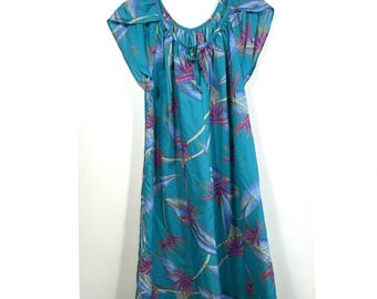 Vintage 80s Hilo Hattie Hawaiian Floral MIDI Muumuu Dress Womens L Tropical Bright