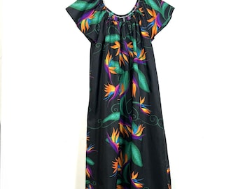 VTG 80's Hilo Hattie Hawaiian Floral MIDI Muumuu Dress Women’s M Tropical Black