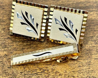 Swank Gold Plated Cufflinks Diamond Cut Square Vintage Tie Clip Prong Set