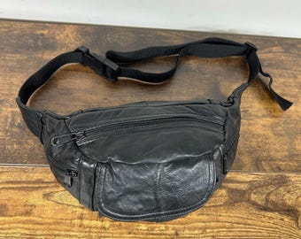 Vintage Black Lambskin Leather Waist Belt Bag Fanny Pack Unisex
