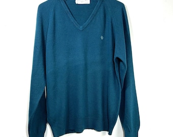 Vintage Christian Dior Sweater Orlon Acrylic V Neck Blue USA Made Mens L