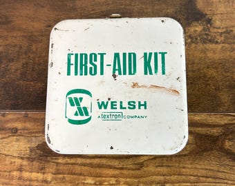Vintage Metal White Green First Aid Kit Full Box Container Carry or Wall Mount