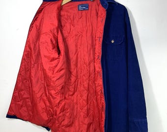 Vintage 80s Corduroy Shirt Jacket Blue Red Quilted Lining Men M Tall JC Penney
