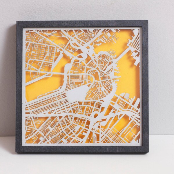 Boston Laser Cut Map With Minimal Shadowbox Frame- 8" city map