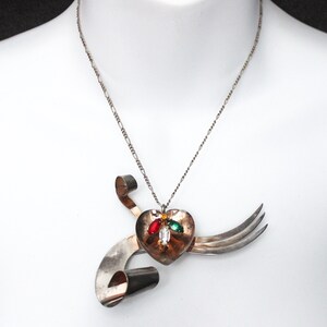 1940s sterling silver brooch pendant gilt heart with three navettes rhinestones  extra large retro 3.5 inches