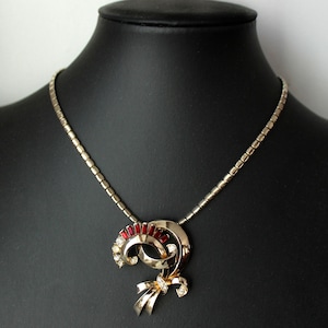 1940s Coro slide necklace swirl ribbon red baguettes clear rhinestones