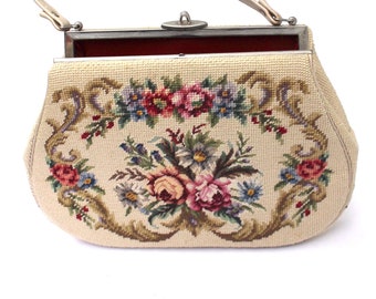 1950s Elvette large creamy white floral petit point needlepoint handbag purse handmade in Belgium