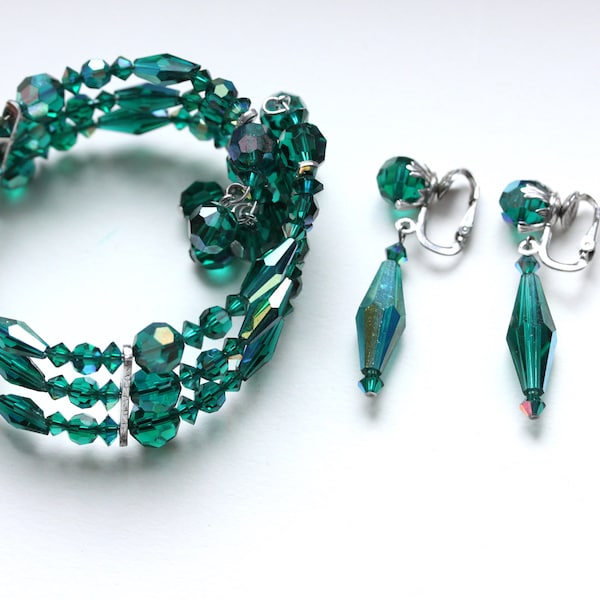 Sherman AB dark green emerald crystal  wrap bracelet and earrings set