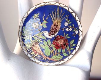 Art-Deco-französische große Vögel Cloisonne Emaille Brosche Blumen Laub Orientalist Frankreich