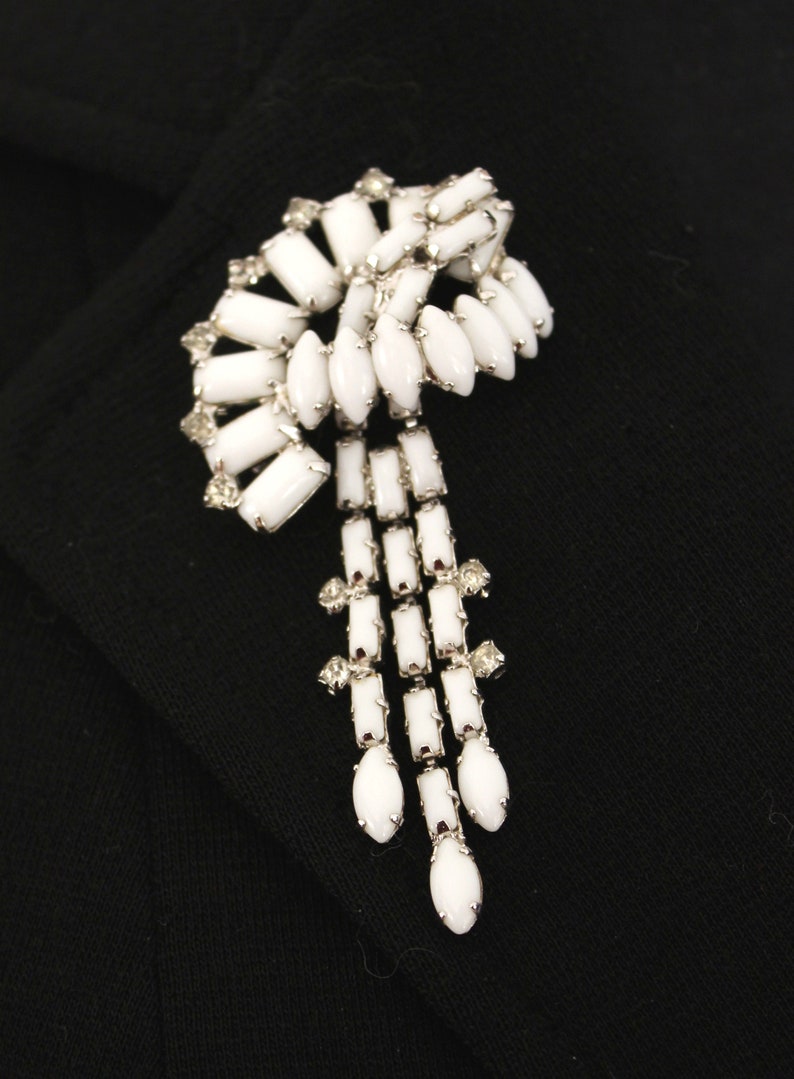 1950s Continental white milk glass set earrings and brooch parure clear rhinestones screw back signed