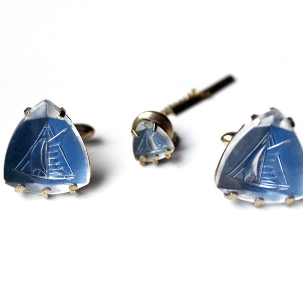 1970s Swank cufflinks representing sailboats blue cut crystal glass reverse cuff links and button tie set nautical boat men jewelry