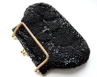 Schwarze Perlen Pailletten Abendtäschchen Handtasche goldfarbener Griff