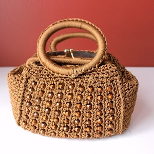 Mid century Italian toffee brown coppered beads crocheted handbag purse round top handles