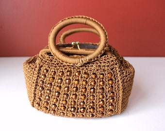 Sac à main en crochet avec perles cuivrées marron caramel, Italie du milieu du siècle, poignées arrondies