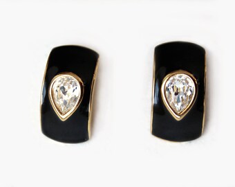 French couture Courrèges Clip On Earrings, Black Enamel Rhinestone, Paris