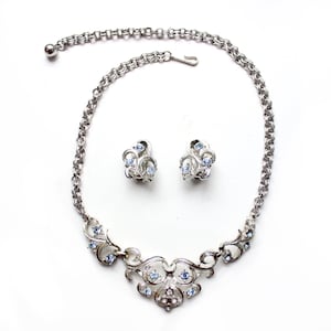 1950s Coro necklace and earrings set demi parure ice blue rhinestones silver tone metal