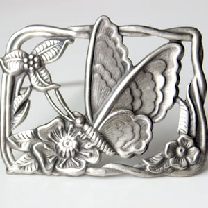 1940s  sterling silver brooch pin butterfly flowers scenic  Art nouveau revival