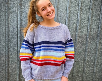 Rainbow Sweater Pattern - Knit Sweater Pattern - Striped Sweater Pattern - Downloadable Knit Pattern - Women's Sweater Pattern