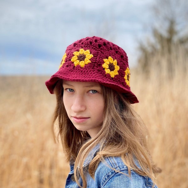 Granny Square Bucket Hat Pattern - Granny Square Hat Pattern - Boho Crochet Pattern - Granny Bucket Hat