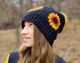 Crochet Sunflower Hat Pattern - Granny Square Hat Pattern - Winter Beanie Crochet Pattern - Granny Square Beanie Pattern