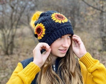 Crochet Sunflower Hat Pattern - Granny Square Hat Pattern - Winter Beanie Crochet Pattern - Granny Square Beanie Pattern