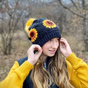 Crochet Sunflower Hat Pattern - Granny Square Hat Pattern - Winter Beanie Crochet Pattern - Granny Square Beanie Pattern