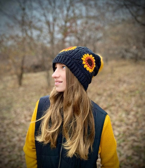 Crochet Sunflower Hat Pattern - Granny Square Hat Pattern - Winter Beanie Crochet Pattern - Granny Square Beanie Pattern