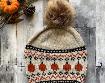 Knit Pumpkin Hat Pattern - Fair Isle Beanie (PDF Pattern)