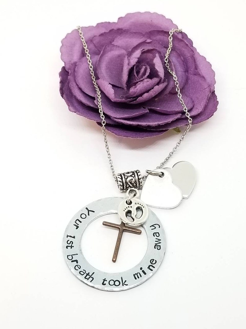 Your First Breath Took Mine Away Mom Necklace Gift for Her Hand Stamped Necklace for Mom